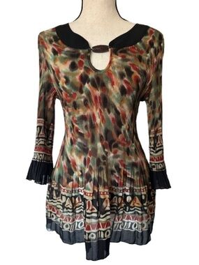 Nicola Boho Abstract Multi Color Pleated Keyhole Tunic Top Whimsy Artsy Blouse L